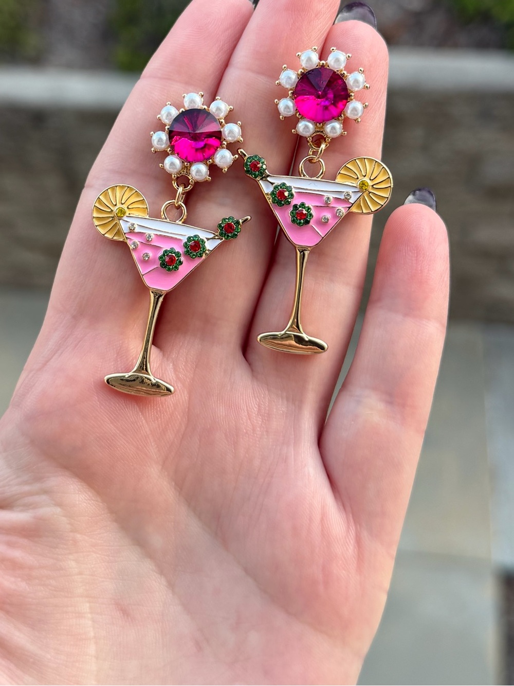 Cocktail Drop Earrings with Fuchsia Crystal Summer Earrings - Picture 2 of 3